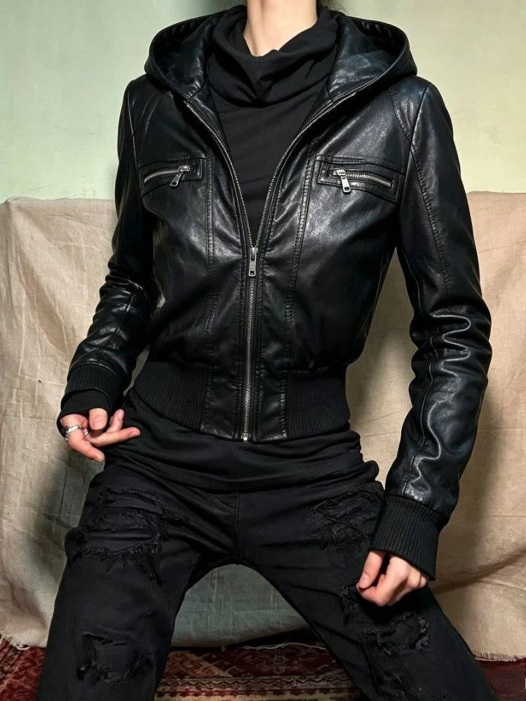 2026 Autumn Gothic Punk Leather Jackets for Women American Vintage Subculture Long Sleeve Slim Black Club Party Outerwear Coat