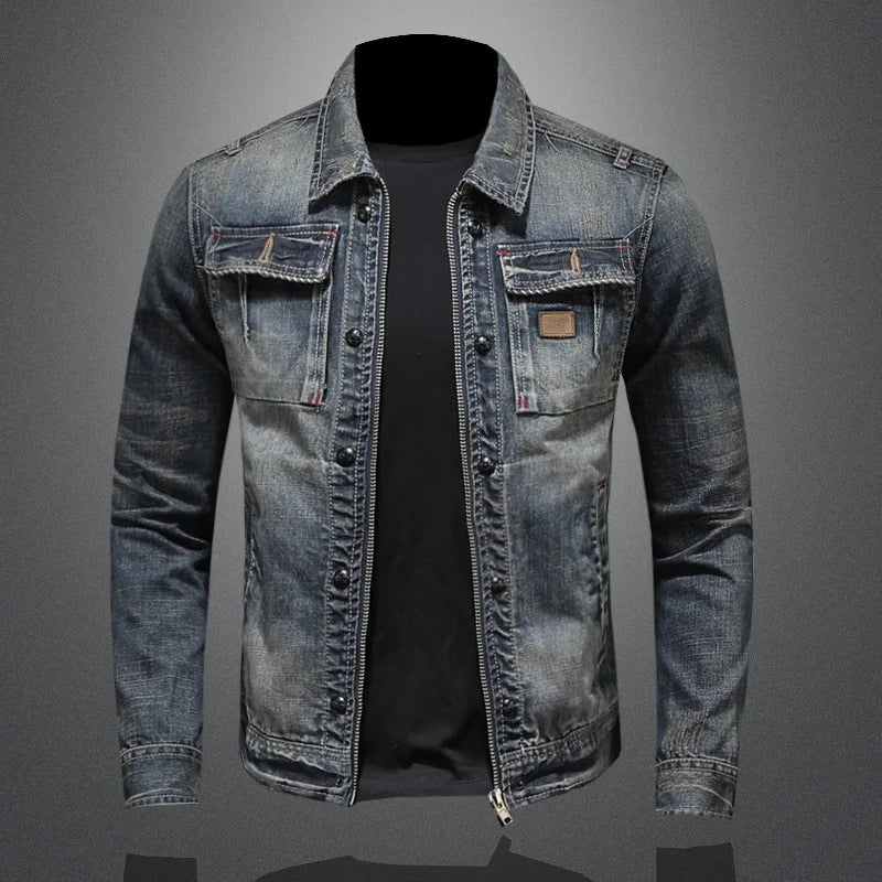 Cross-Border Foreign Trade European Size Personalized Zipper Motorcycle Men's Turn-Down Collar Denim Jacket Trendy Retro