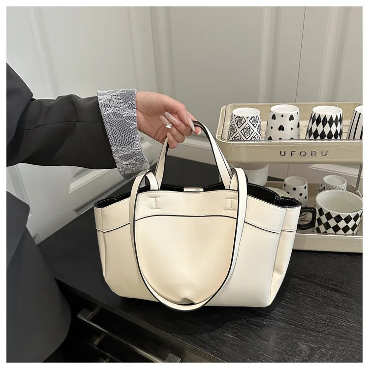 Solid Color Soft Leather Handbag Women Single Shoulder Tote Bag, Large Capacity Commuting Set Handbags Shopping Cross Body Bags
