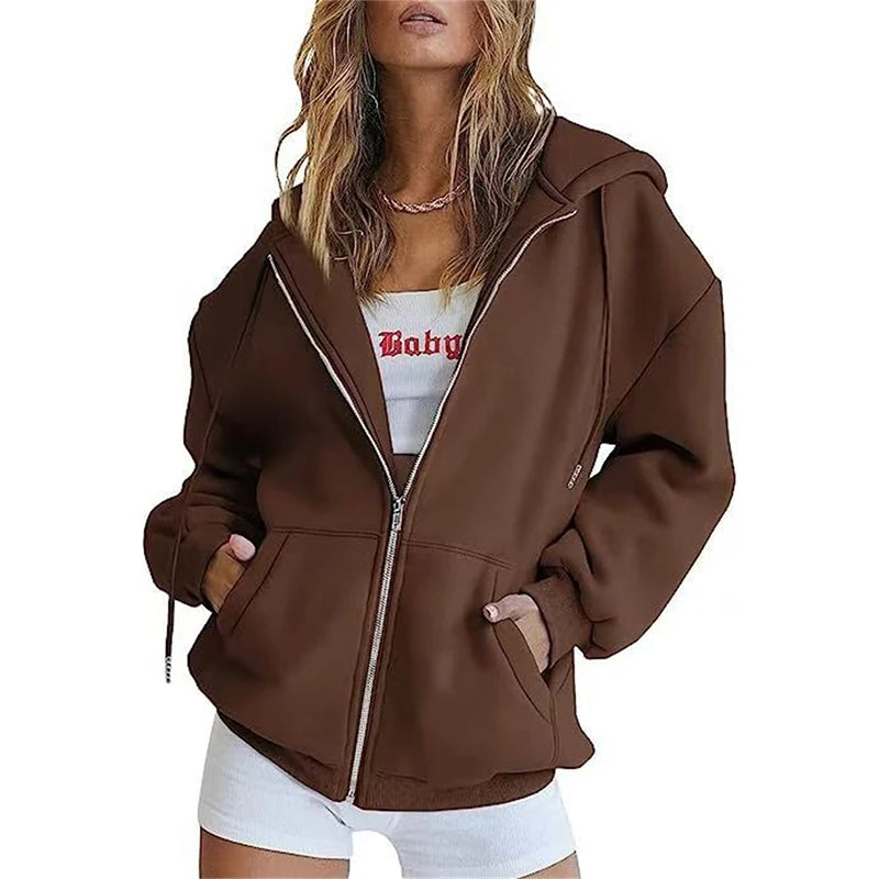 Spring Autumn Winter Fashion Zipper Hoodies Women Cardigan Coat Daily Long Sleeve Tops Versatile Casual Hoodies Women Sweatshirt
