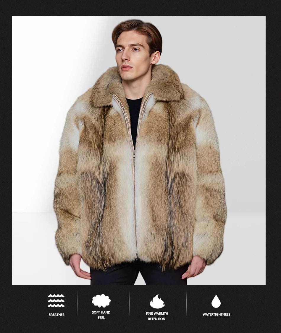 Real Coyote Fur Zippered Jacket Genuine Coyote Fur Jacket With Turndown Collar Bolero Jacket Fashion Natural Fur Jacket Men