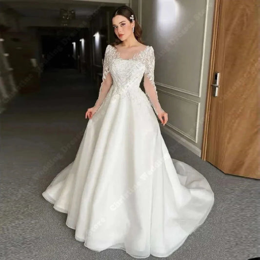 Glitte Chiffon Women Wedding Dresses Elegant Charming Bridal Gowns Lace Long Sleeves Mopping Length Vestido De Novias Customized