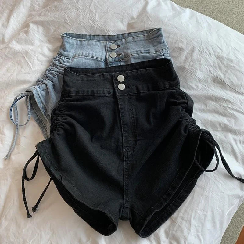 Zoki Sexy Shirring Slim Denim Shorts Women Fashion Korean High Waist Casual Shorts Summer Button All Match Harajuku Shorts New