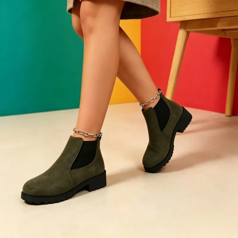 Women Suede Chelsea Boots Thick Sole Elastic Side Non Slip Casual Footwear All Season Daily Wear Comfortable Fit Chunky Design