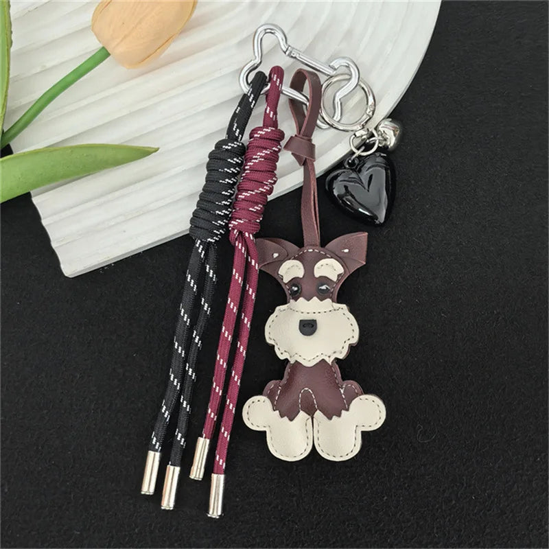 Lovely PU Leather Schnauzer Keychain Cute Puppy Animal Hanger Dog Fashion Bag Pendant Creative Woven Rope Keyring Bag Charms New
