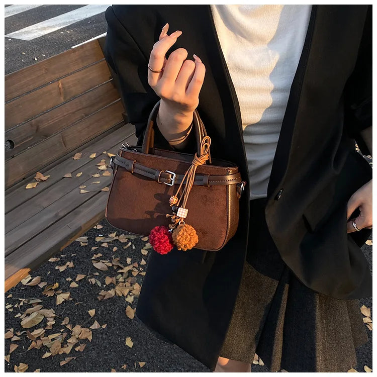 Retro Faux Suede Women's Handbag Fashionable Small Square Bag 2025 Winter Simple Short Handle Single Shoulder Crossbody Bag
