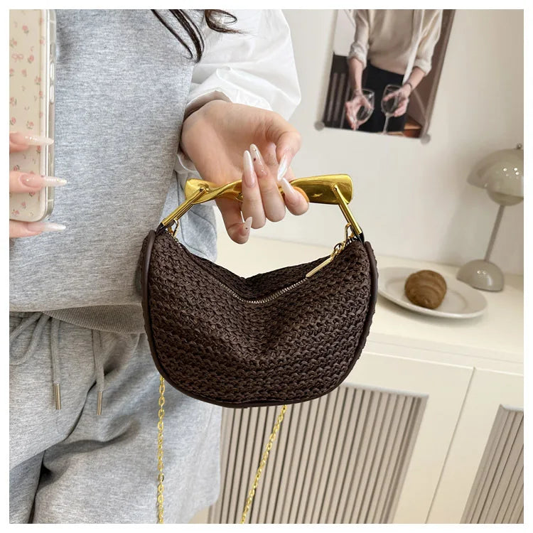 Luxury Metal Handle Clutch Bag Women Exquisite Handmade Rattan Woven crossbody Bag Half-moon Beach Bags Roomy Straw Tote Bag