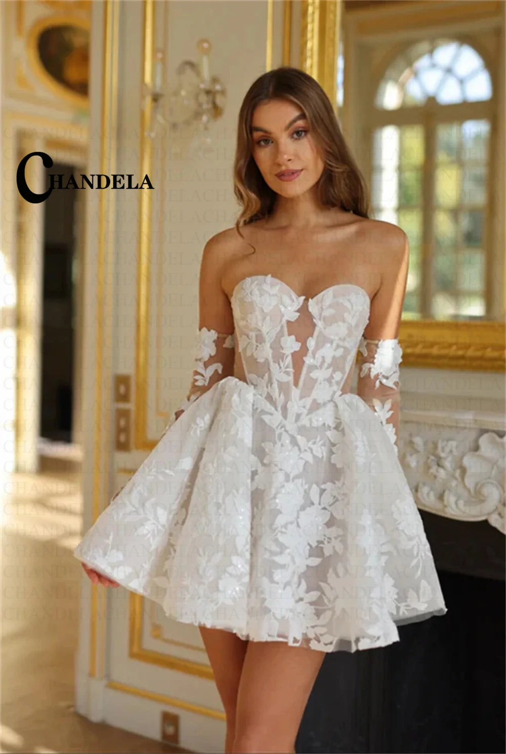 CHANDELA Lace Appliques Mini Corset Wedding Dress Cut-out Detachable Sleeves vestidos de noiva After Party A-line Customised