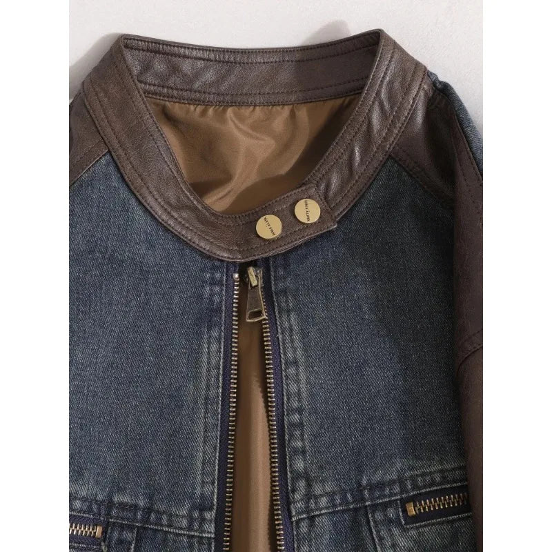 Women American Retro Denim Spliced Leather Jacket Women's 2026 Autumn New Models Are Popular This Year, Small Short Jackets