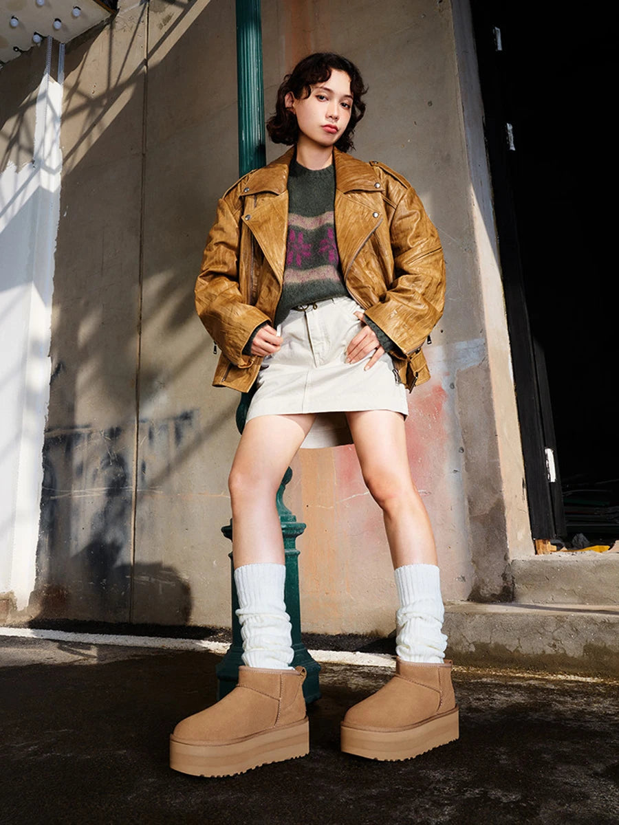 Women Winter Snow Boots Genuine Sheepskin Lined Boots Cow Suede Leather Ankle Boots Warm Fur Boots EVA Platform Casual Shoes