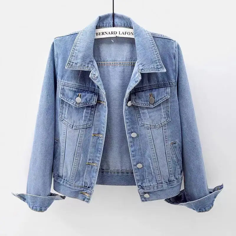 Women Spring Denim Jacket Short Slim Fit Washed Single Button Long Sleeve