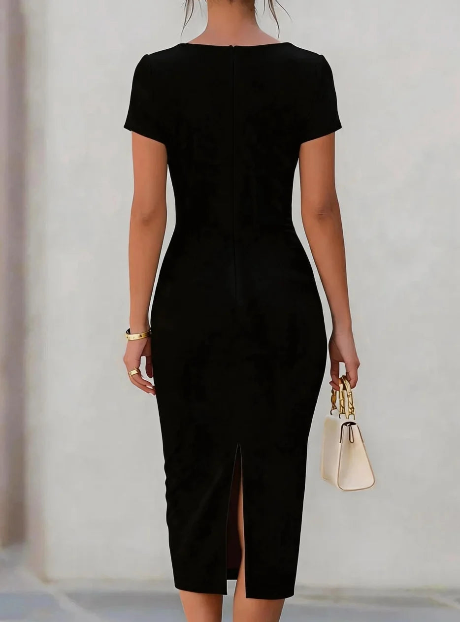 Women's Short Sleeve Twist Waist Midi Dress Bodycon Pencil Dress Elegant Office Party Cocktail Wear