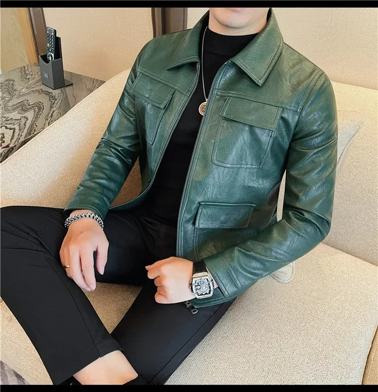 Autumn Winter High Quality Faux Leather Jacket Fashion Multi Pocket Design PU Leather Coats Man Vintage Business Slim Fit Coats