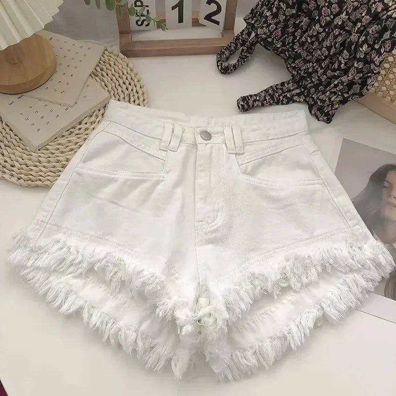 Pink Reddened Fringed Denim Shorts Women's Summer New Niche Slimming High-Waisted Spicy Girl A- Line Wide Leg Heat Pants