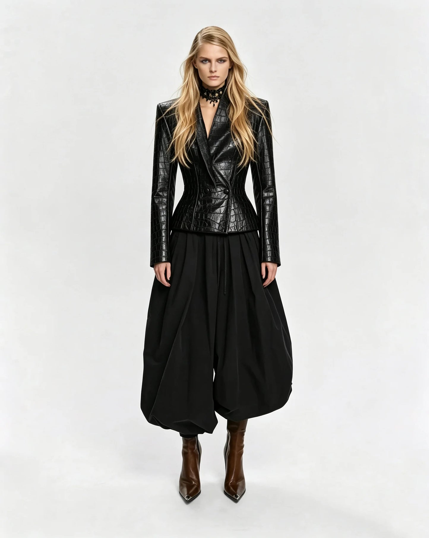 Laur Women Croc Faux Leather Blazer Jacket,Shoulder Pads Slim Waist Double Breasted Short Outerwear Autumn Winter 2026