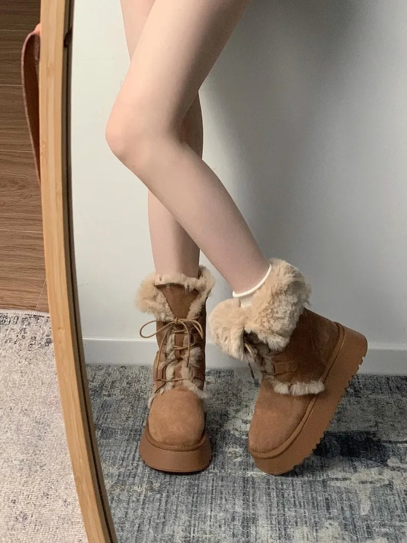 Retro fur integrated warm snow boots for women in winter 2025, new thick soled and plush thick anti slip cotton shoes