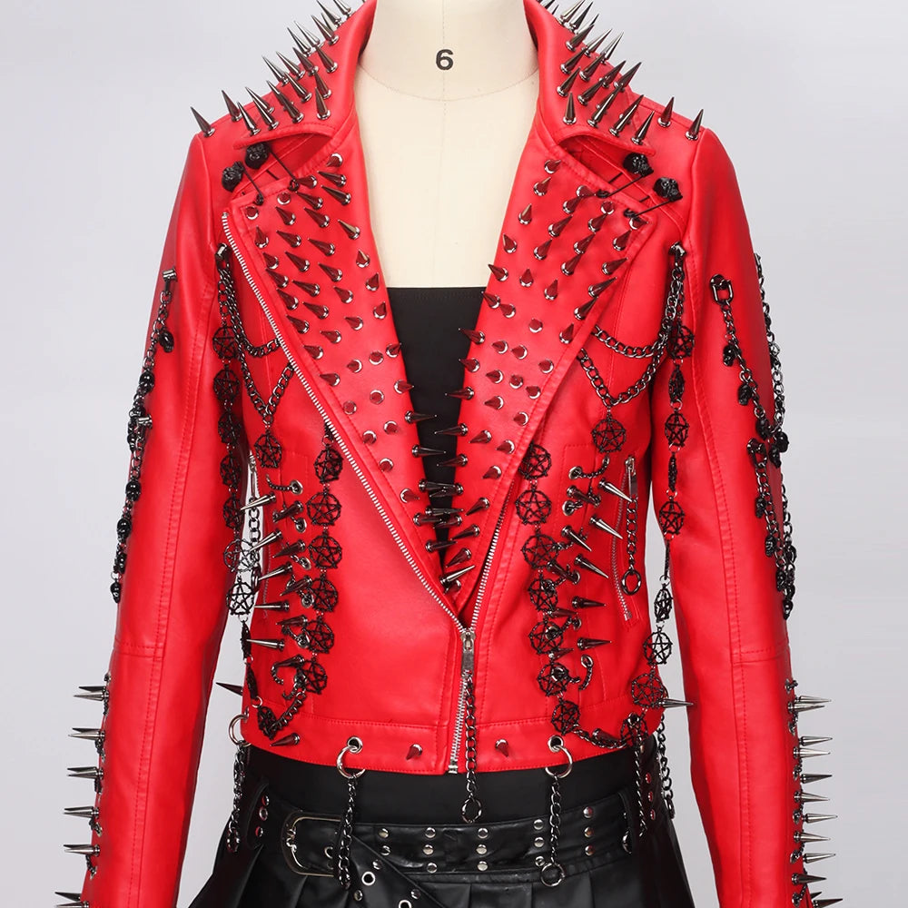 Women's Red PU Leather Gothic Punk Biker Jacket with Spikes Vintage Studded Y2K Rocker Grunge Spiked Coat Emo Alt Goth Clothing