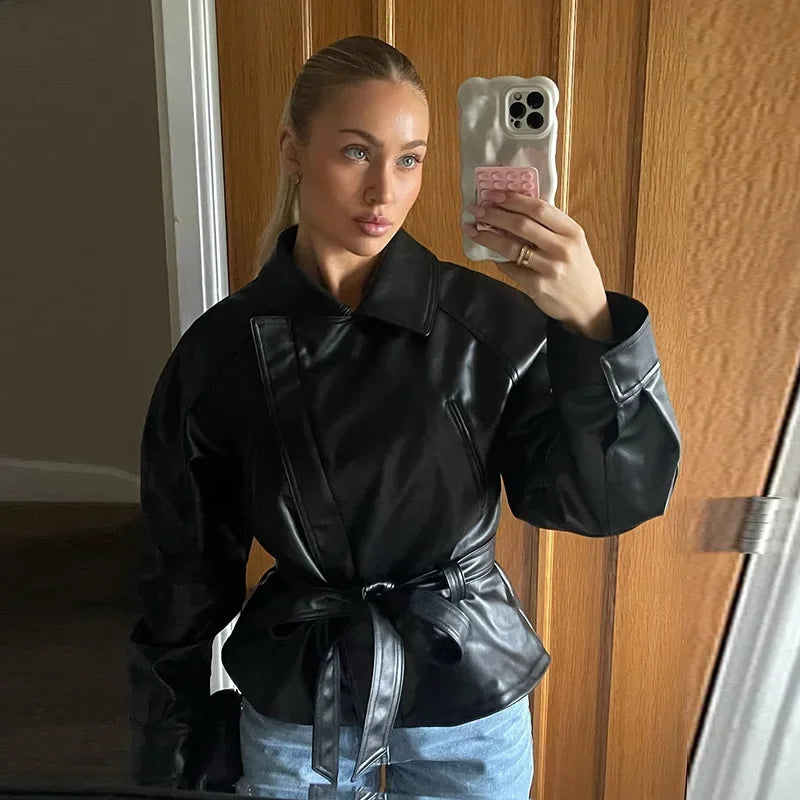 Black Belt Women's Leather Jacket Lapel Full Sleeve Zip-up Lace Up Waist Cinching Cropped Coats 2026 Autumn Street Lady Jackets