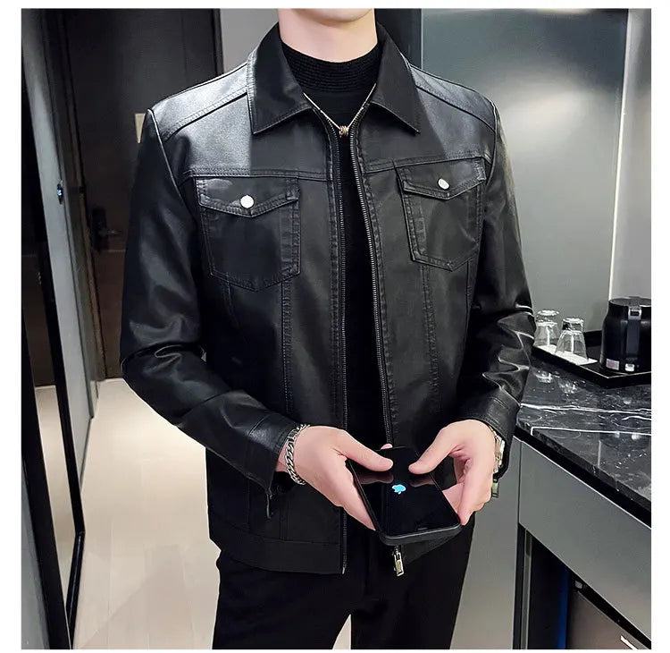 Autumn and Winter Classic Men's Leather Jacket Lapel Fashion Trend Locomotive Clothes Fleece Thermal Jacket Men