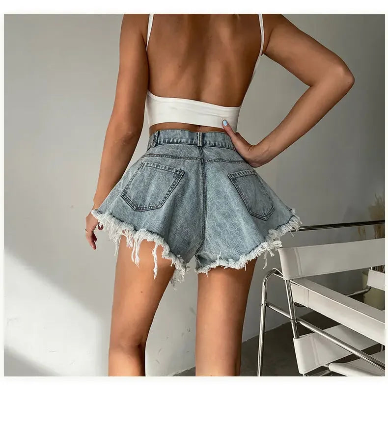 Wide Leg Shorts Women Y2k Denim Frayed Sexy Girls High Waist Hotsweet All-match Vintage Fashion Pockets European Style Females