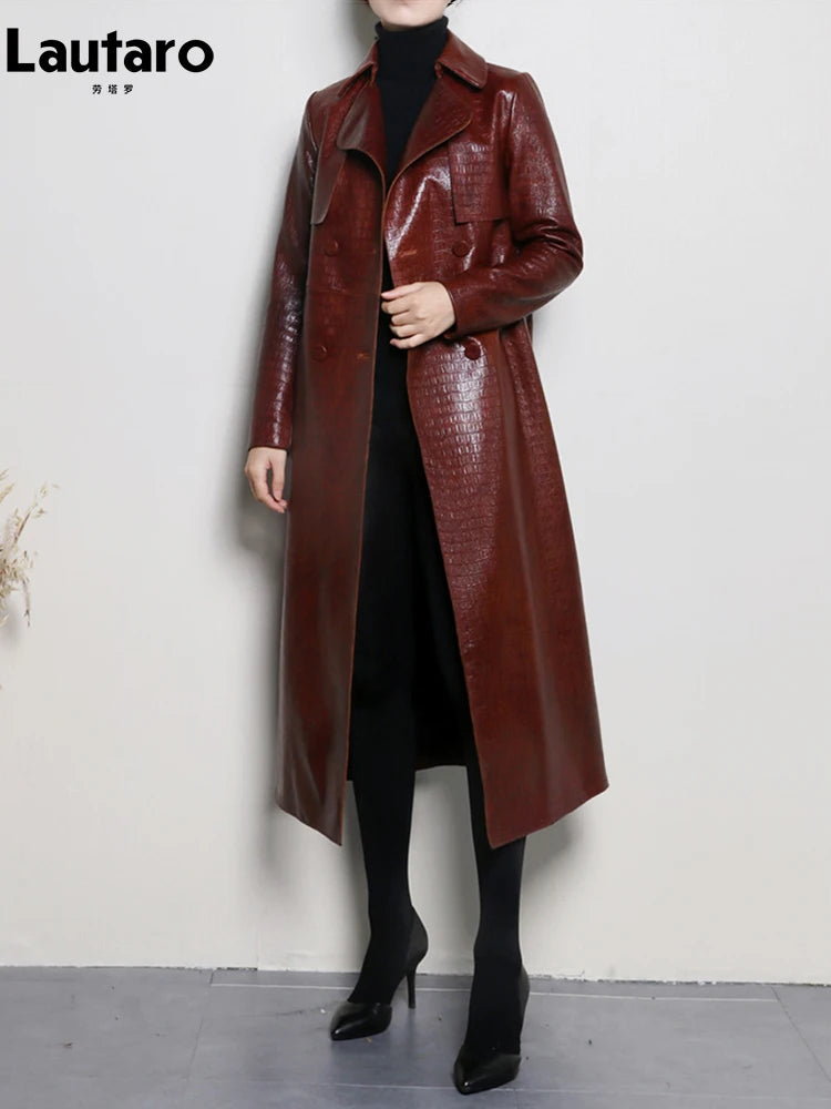 Lautaro Autumn Long Shiny Reflective Patent Faux Leather Trench Coat for Women Belt Double Breasted Luxury Designer Clothes 2023