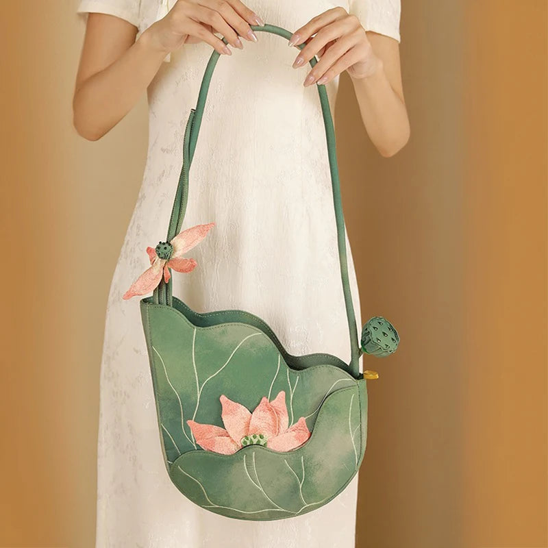Elegant Chinese Style Lotus Leaf Floral Embroidery Shoulder Bag for Women Designer Handbag Fashionable Female Bag New Collection