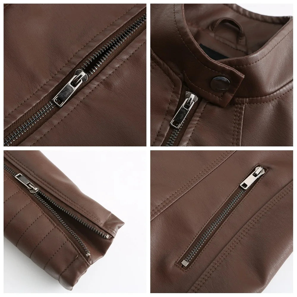 2026 New Women's Slim Leather Jacket, Stand-up Collar, Zipper Stitching, Monochromatic PU Coat, Fashion Clothing.