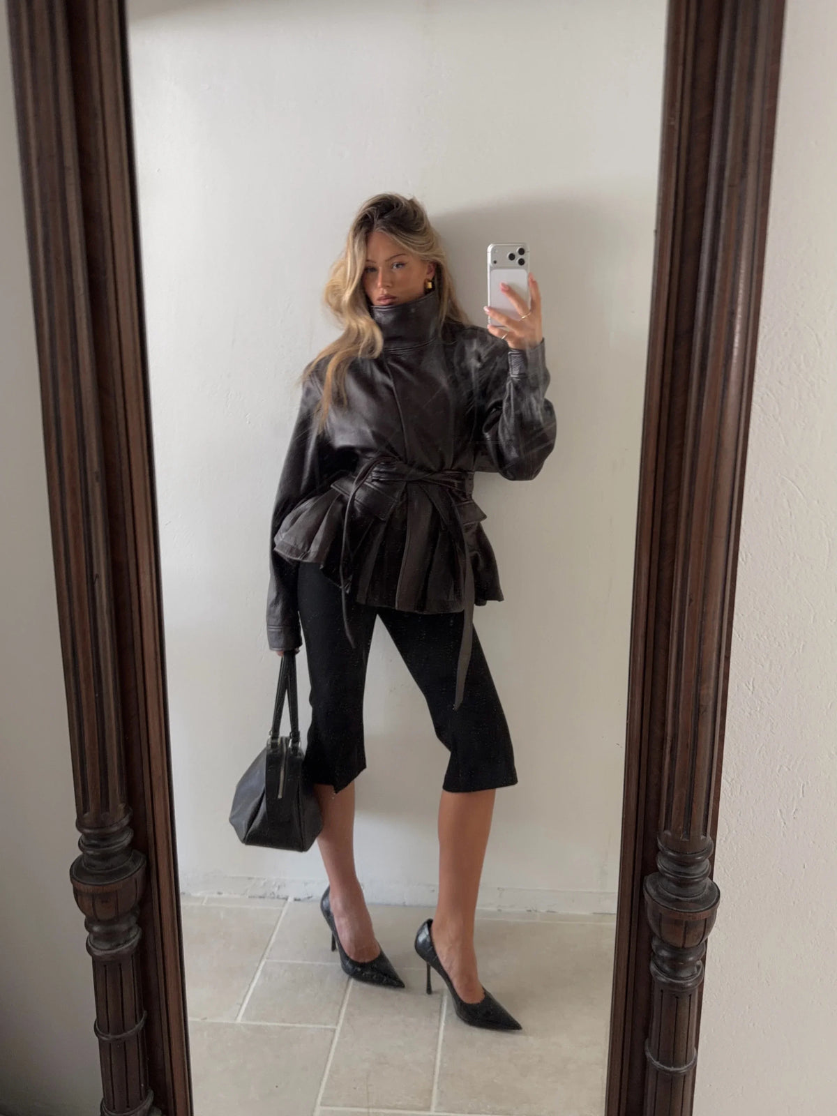 Women's Black Belted Faux Leather Jacket High Neck Long Sleeve Waist Belt Autumn Winter Peplum Jackets 2026 Street Outerwear