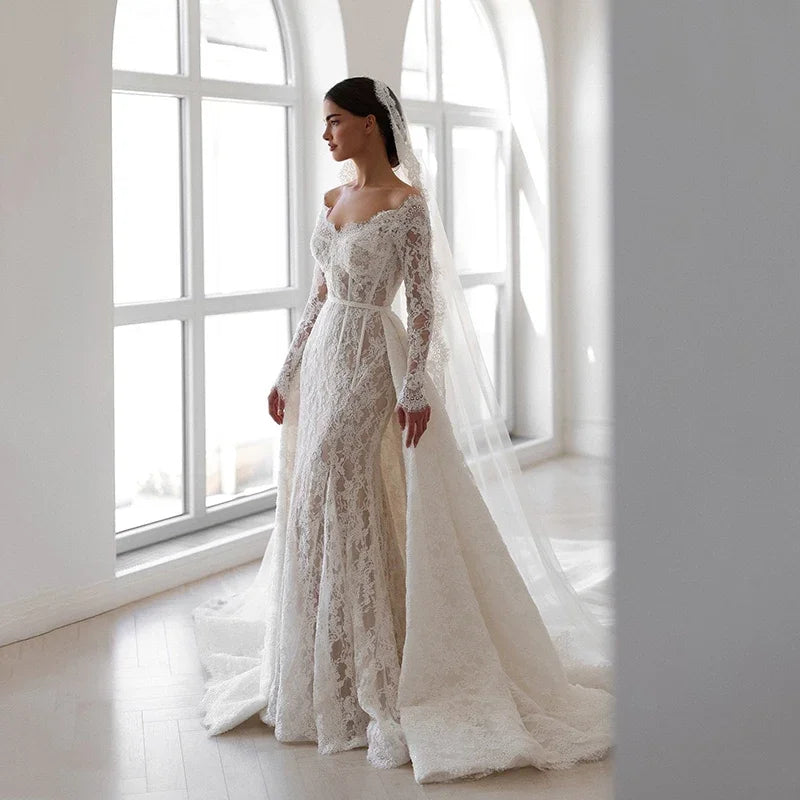 Customized Elegant Mermaid Wedding Dresses Off The Shoulder Long Sleeve Lace Bridal Dress Formal Wedding Ball Prom Gown