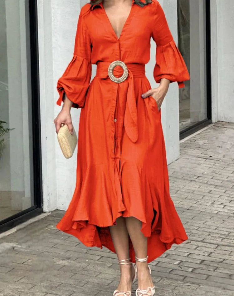 Elegant Dresses for Women Fashion Solid Lantern Sleeve Ruffle Hem Pocket Design Belt Maxi Dress Office Ladies Temperament Dress