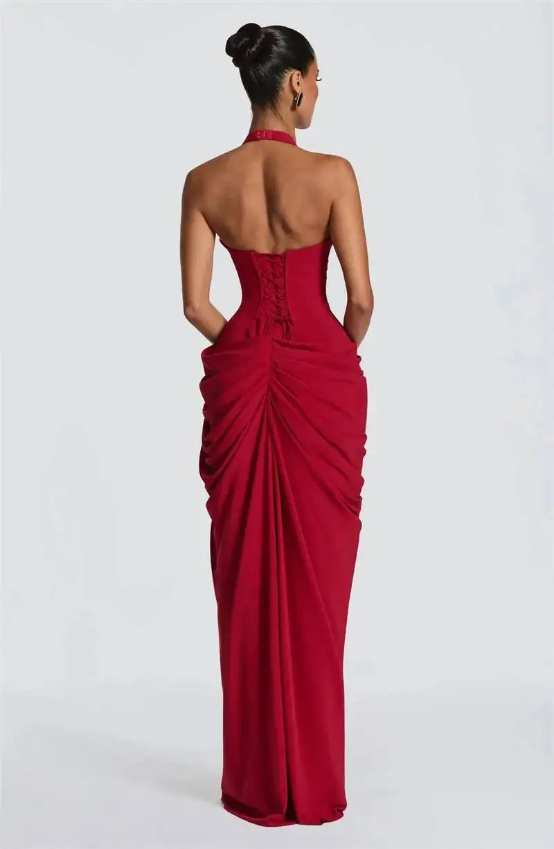 Mozision Wine Red Halter Deep V Maxi Dress Women Elegant Draped Ruched High Split Bodycon Cocktail Wedding Club Party Dresses