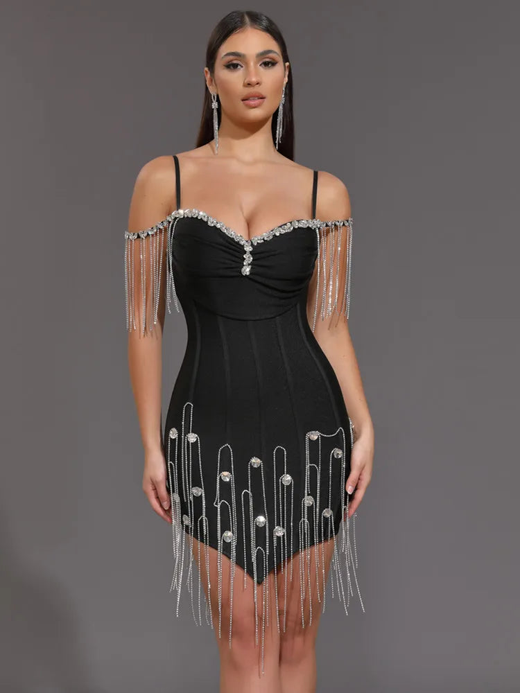 Women Celebrity Sexy Beading Crystal Black White Mini Bodycon Bandage Dress 2024 Knitted Elegant Evening Club Party Outfit