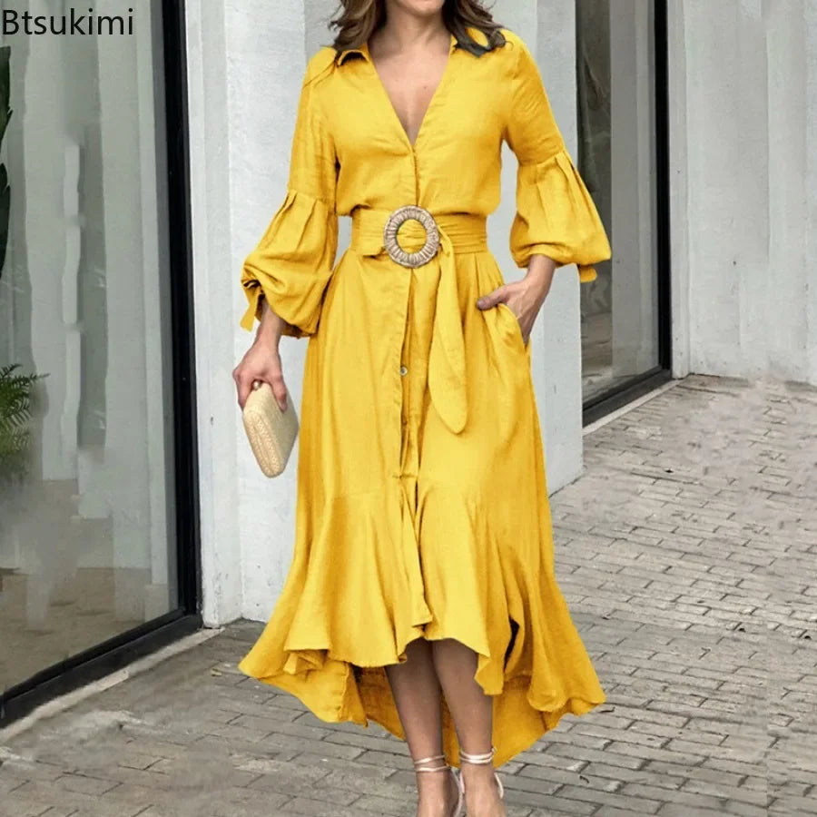 Elegant Dresses for Women Fashion Solid Lantern Sleeve Ruffle Hem Pocket Design Belt Maxi Dress Office Ladies Temperament Dress