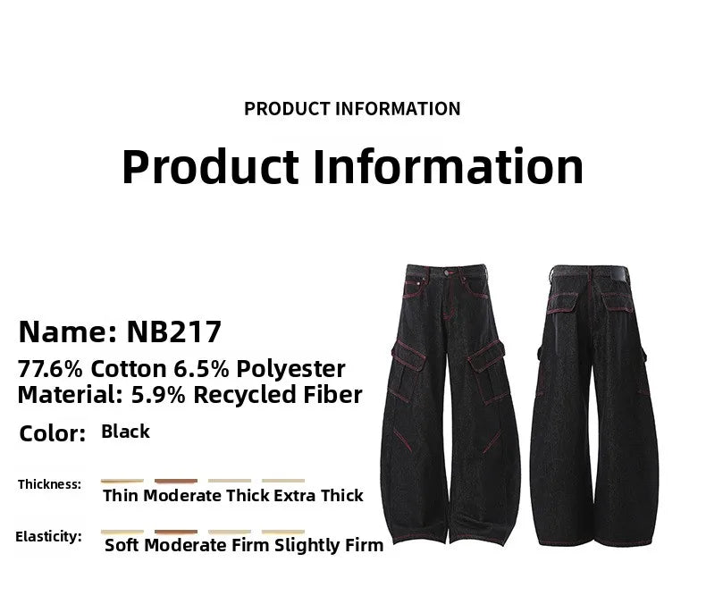 American Retro Washed Denim Jeans Multi Pocket Loose Slimming Long Trousers Straight Cut Mid Waist Zipper Fly Casual Jeans