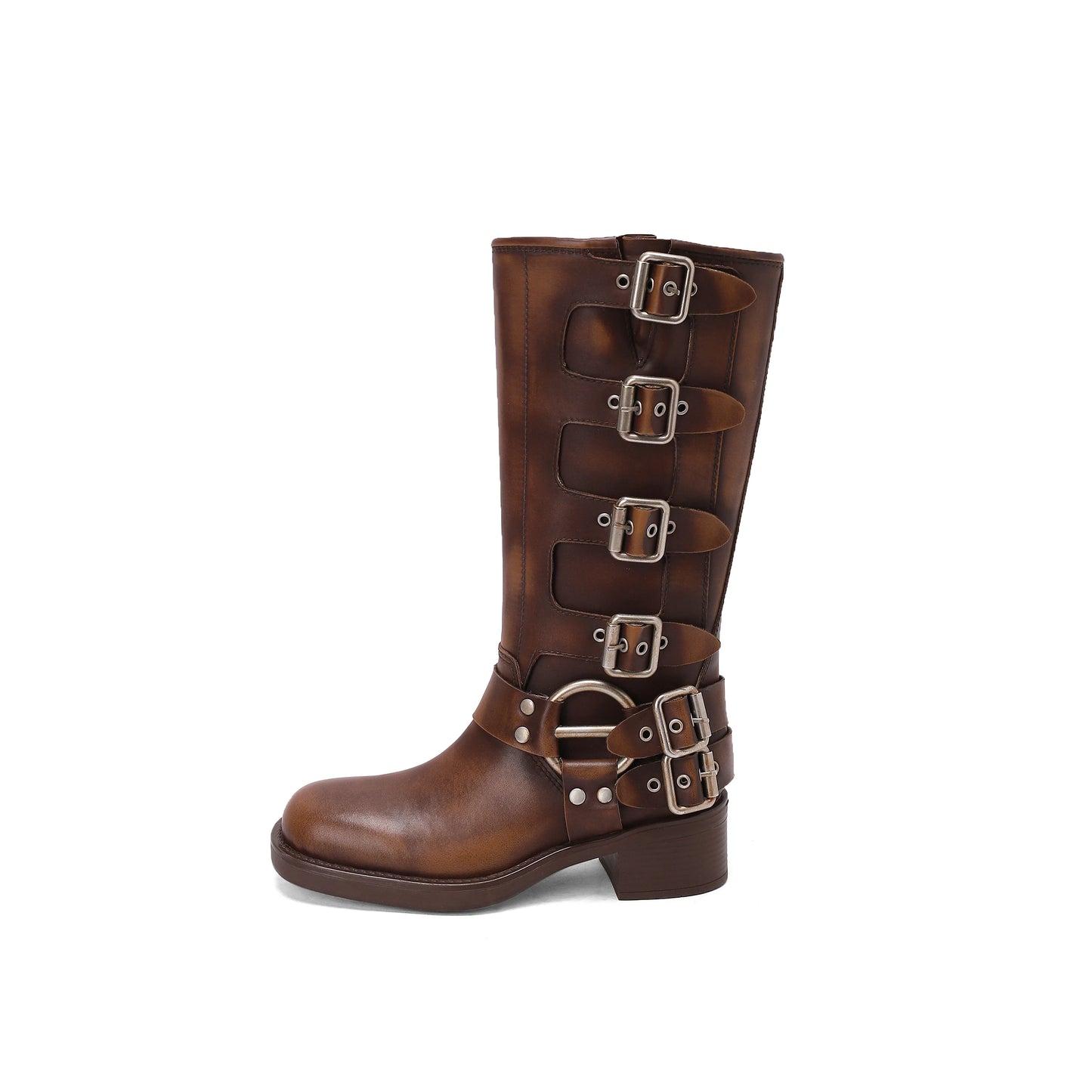 Arden Furtado Women's Cowhide Riding Boots Round Toe Pull-On Mid-Calf Genuine Leather Boots with Belt Buckle Knight Style