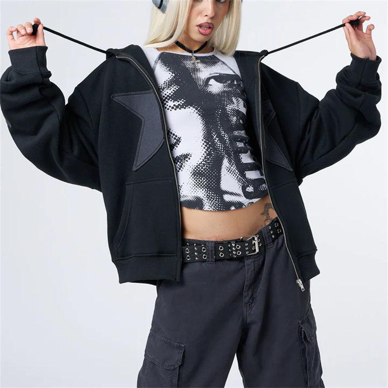 Women's Graphic Hoodie Y2k Zip Up Hoodies Star Patchwork Oversized Sweatshirt with Drawstring Aesthetic Pullover with Hood Shirt