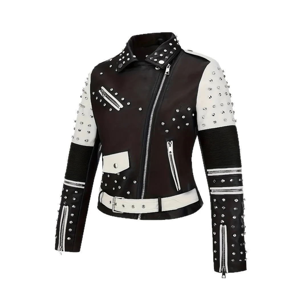 Luxury  Studded Leather Jacket, Motorcycle Slim Fit Punk Rock Women's Diamond Zipper Multi-Pocket Jacket zipper Coat Outwea