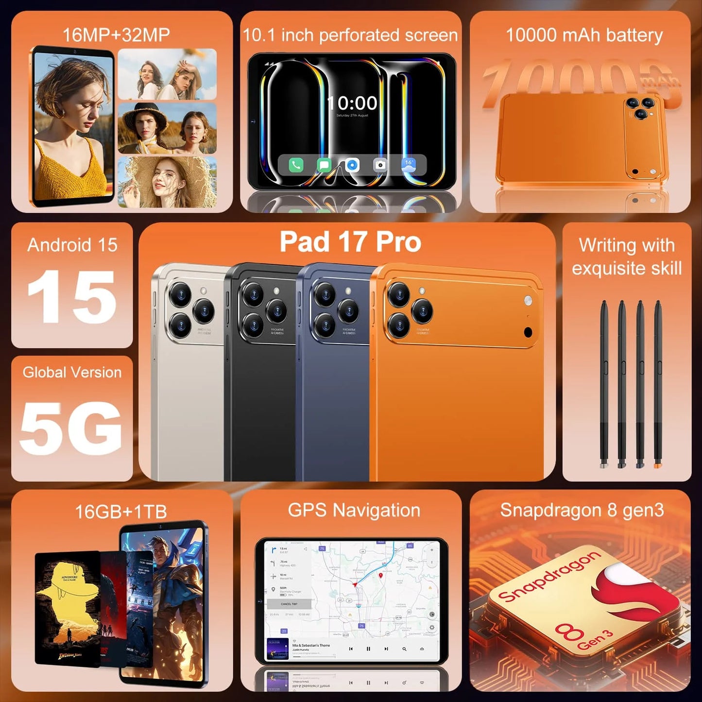 Original Global Version Hot Sale Tablet Pad 17 Pro 10.1 Inch HD 4K Android 15 16GB+1T 10000mAh 5G Dual SIM WiFi GPS 2026 New Tab