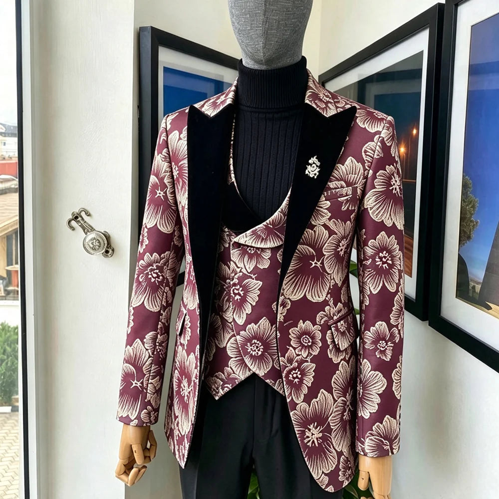 Men's 3-Piece Jacquard Suit – Latest Custom-Made Wedding Groom's Tailcoat (Jacket, Trousers, and Vest) – Classic Design