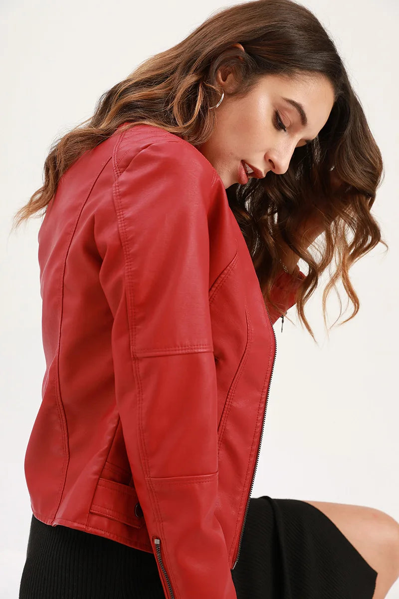 Women Moto Biker Zipper Jacket 2026 Faux Leather Jacket Women Spring Autumn Coat Black Brown Red Purple Navy Coffee Black XS 4XL