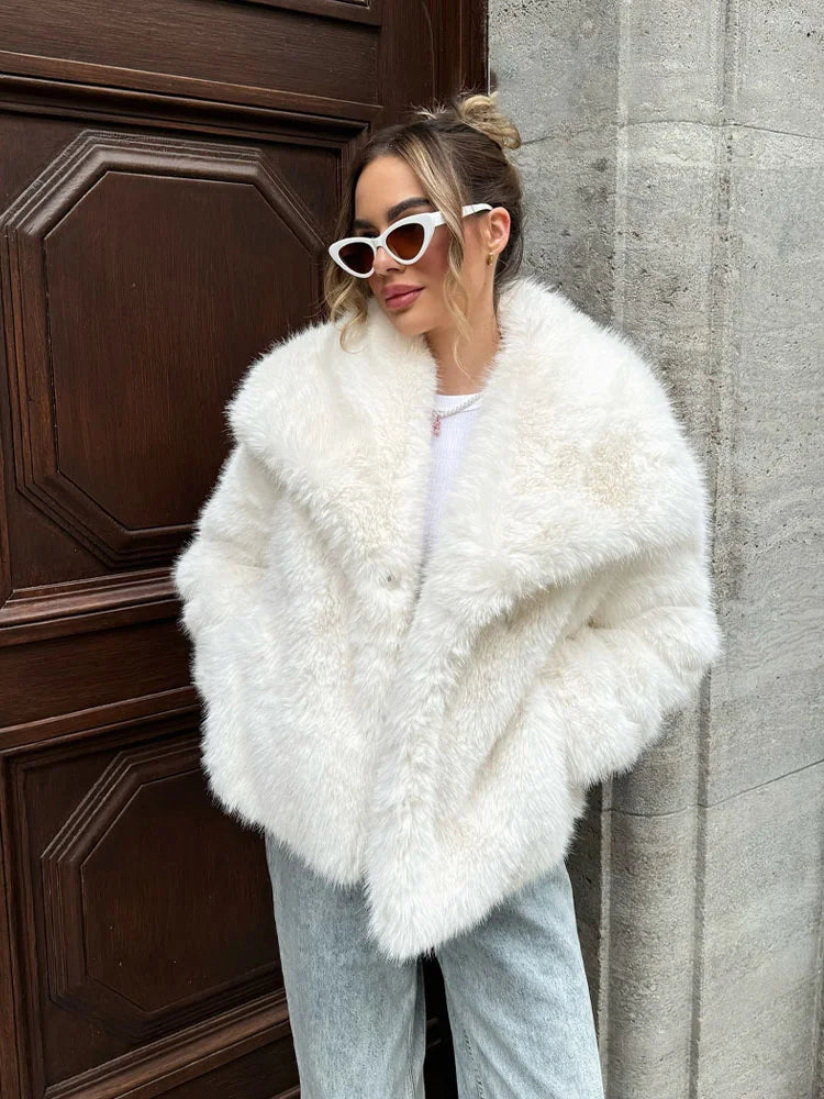 HH 2025 Winter Coats For Women New Artificial Fur Effect Loose Cropped Coat Female Versatile Streetwear Women's Cardigan