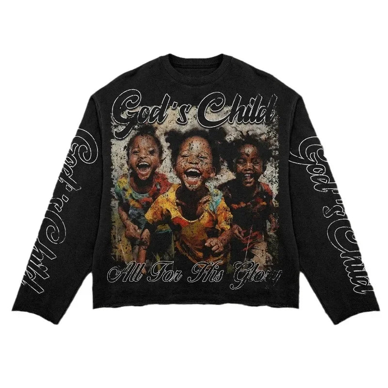 European and American Harajuku Y2K Long-sleeved Gothic Punk Letter Printed Graphic Top Men Street Retro Casual Oversized T-shirt