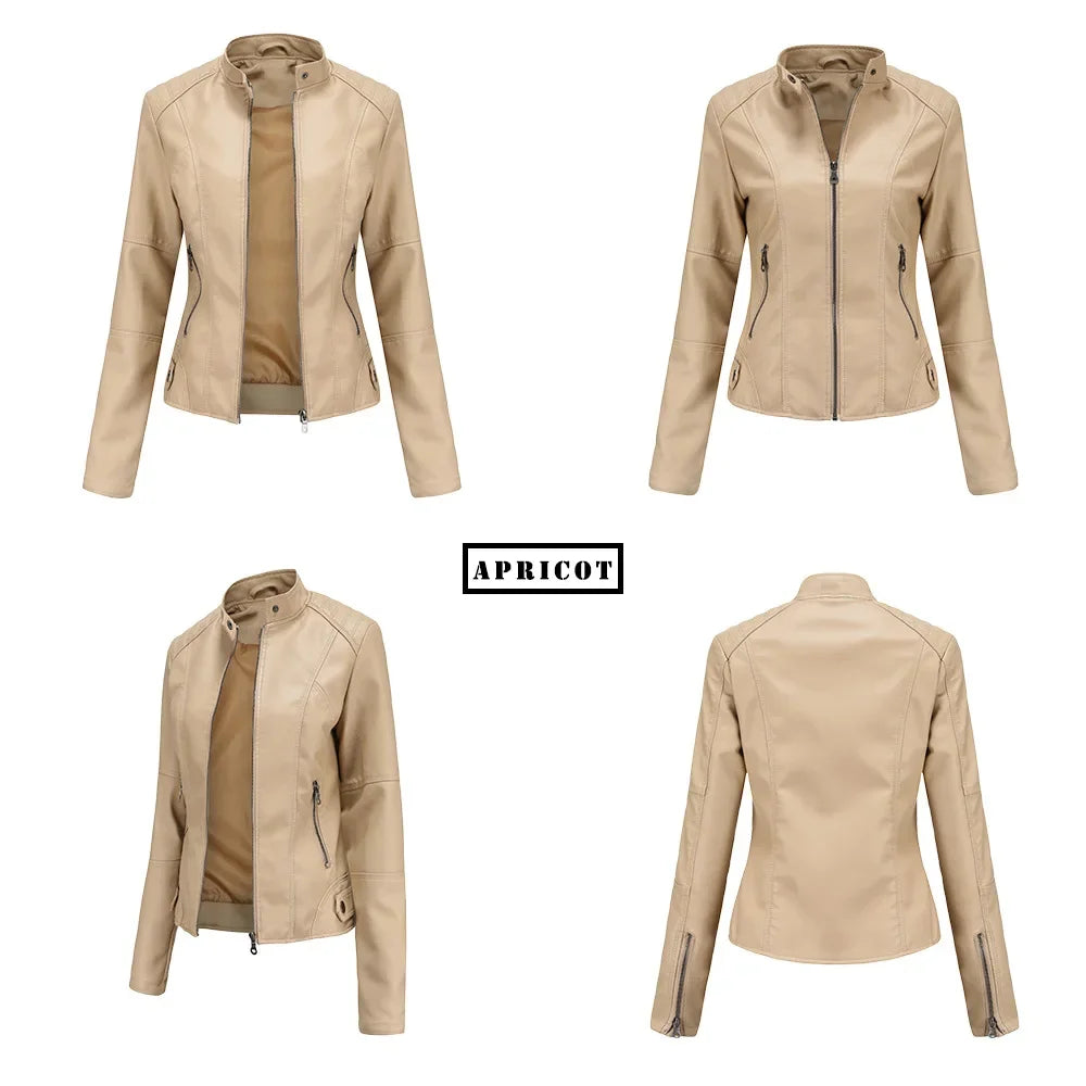 Autumn New Women's Leather Jacket, Fashionable Trim Motorcycle Women PU Coat Black Purple Brown Tops Female Menteau