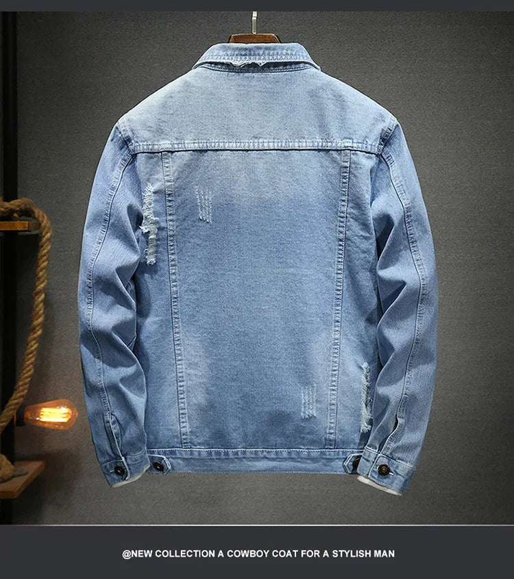 QICHE New Spring Autumn Men Light Blue Slim Denim Jacket Distressed Ripped Casual Outerwear