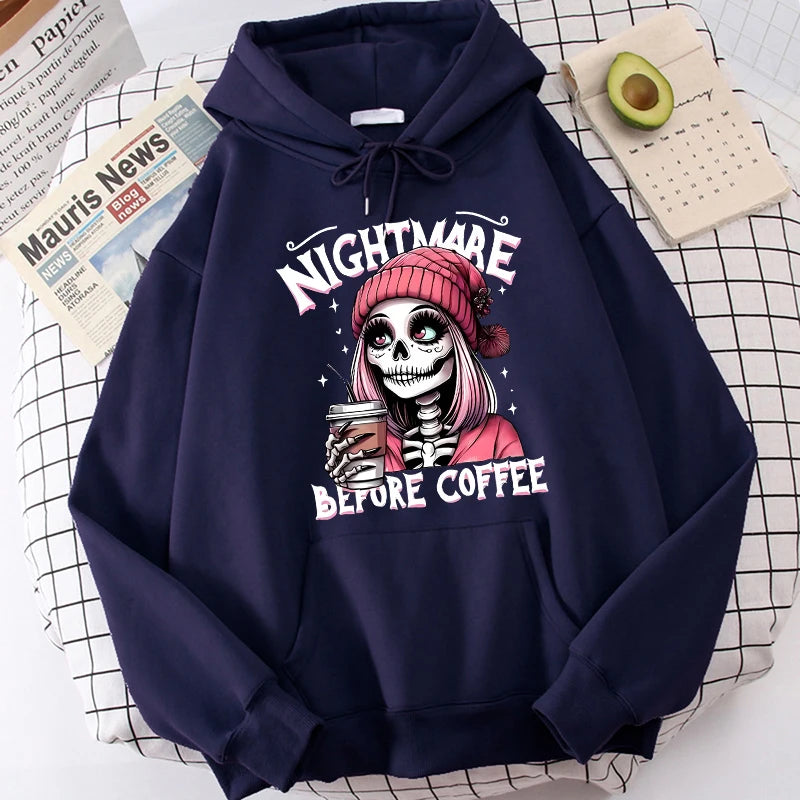 Slogan Nightmare Before Coffe Graphic Sweatshirt Unisex Fall Winter Hoody Y2k Clothing Women's Skeleton Halloween Pocket Hoodies