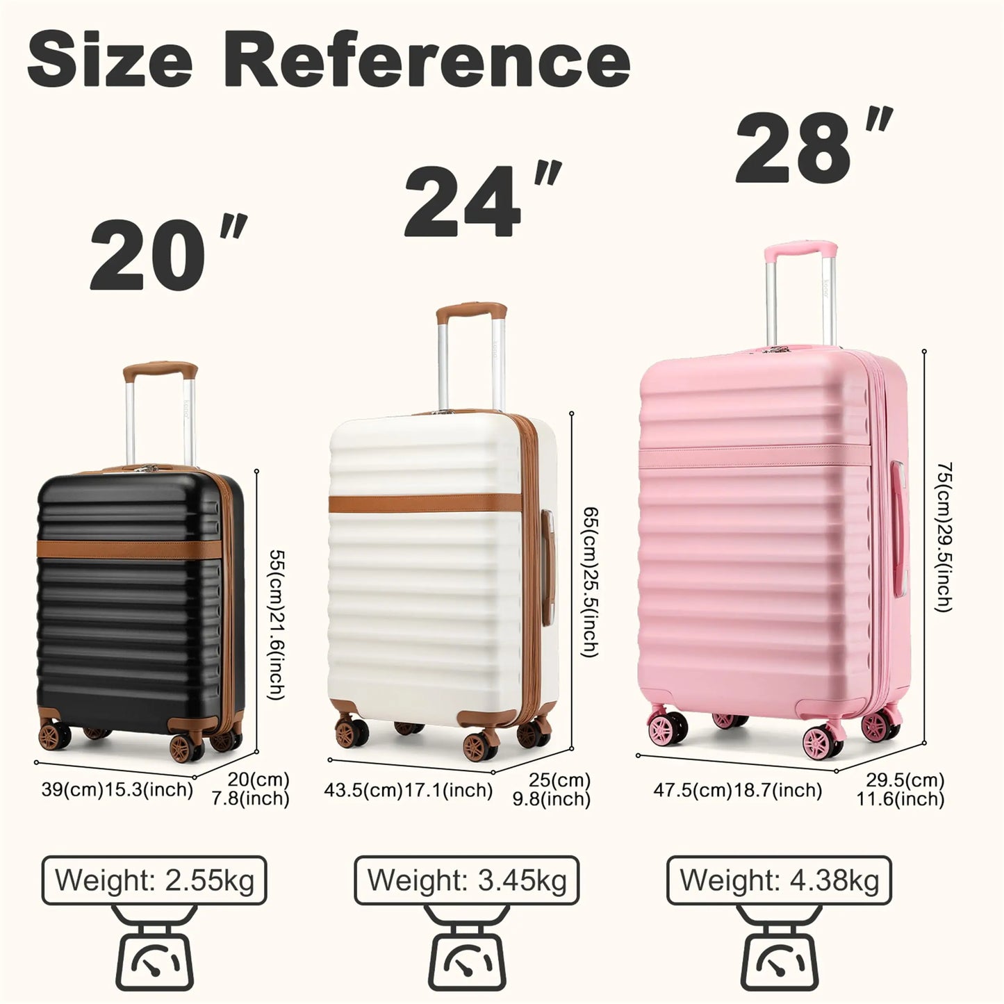 KONO ABS + PC hard case with 4 wheels, TSA lock trolley hand luggage/suitcase (55/65/75cm)