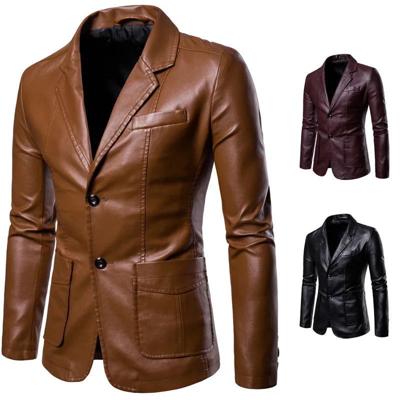 Spring/Autumn Leather Jacket - Plus Size Men's Youth Suit Collar Business Casual Leather Jacket European Sizes XS-3XL
