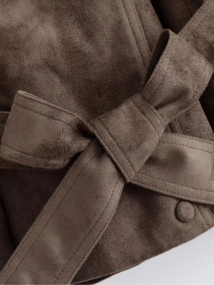 Women Brown Faux Suede Short Jacket Tie‑waist Long Sleeve Vintage Streetwear 2026 Lady New Autumn Winter Casual Outerwear Coat