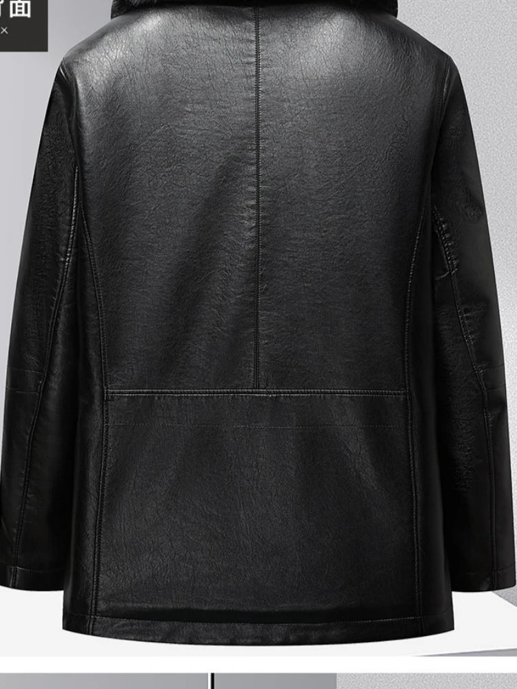 Leather Jacket Men Winter Jacket Men Medium Length Plush Thickened Leather Coat for Men Fur Collar Windbreaker for The Elderly