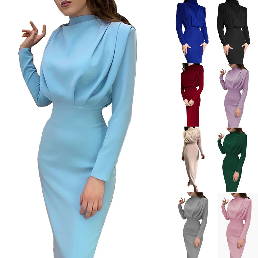 Women's Spring New Dresses with European and American Temperament, Waist Wrapped Solid Color Skirt, Long Sleeves, Round Neck